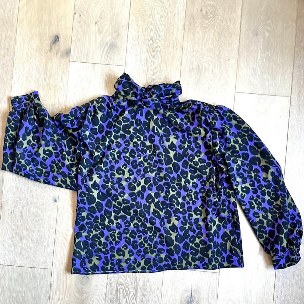 Vintage 80s women's homemade purple olive, black Chic Leopard Print Blouse M